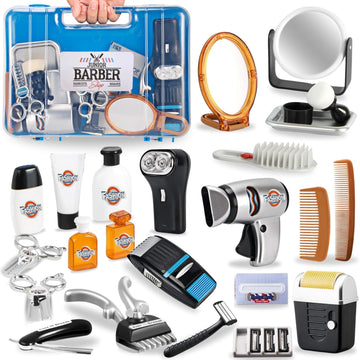 24 Pcs Barber Shop Pretend Play Toy - My First Shaving And Grooming Haircut Kit Toddler Role Play Set With Styling Accessories &