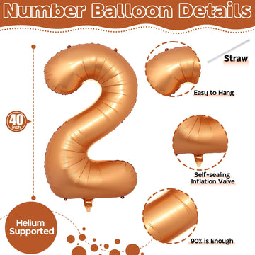 40 Inch 2Nd Birthday Balloon, Orange Foil Self Inflating Number 2 Balloons Decor, Big Helium Mylar Number 0-9 Set For Girls Boys