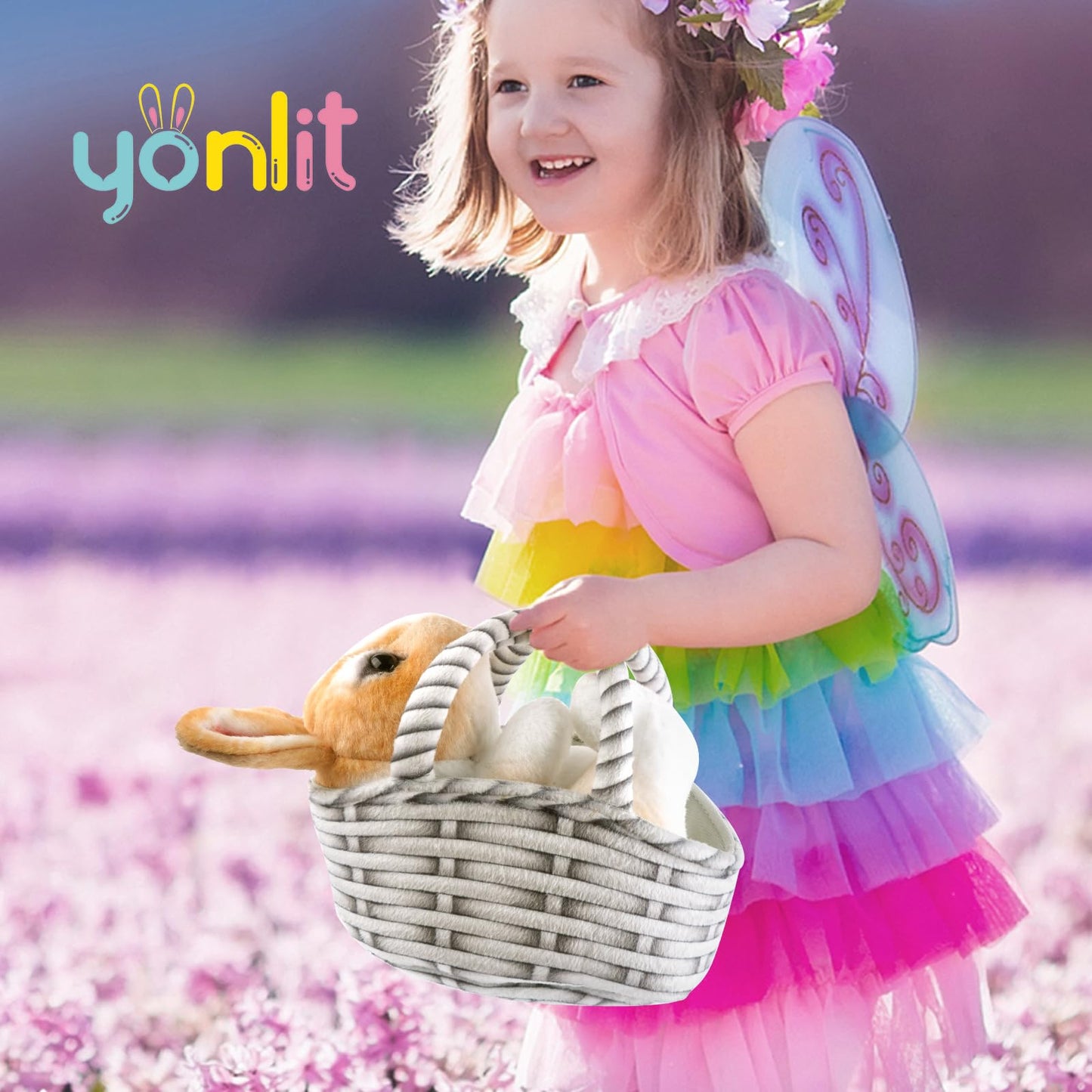 Yonlit Lifelike Plush Pet Bunny Basket Set Realistic Rabbit Stuffed Animal With A Suitable Fabric Pet Bag Cute And Funny Gift For Ester Present Or Stuff Collection 7 Inches (Yellow)