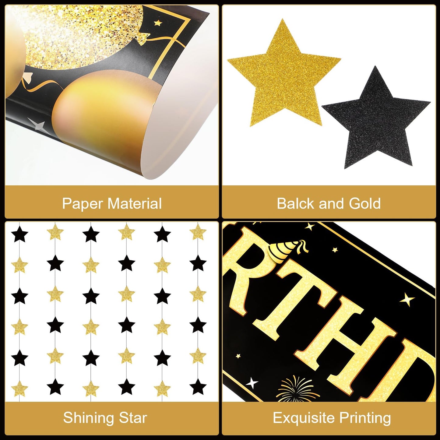 Blosssound Happy Birthday Door Decorations Golden Door Cover Banner Black and Gold Hanging Star Garland Porch Sign Backdrop Door