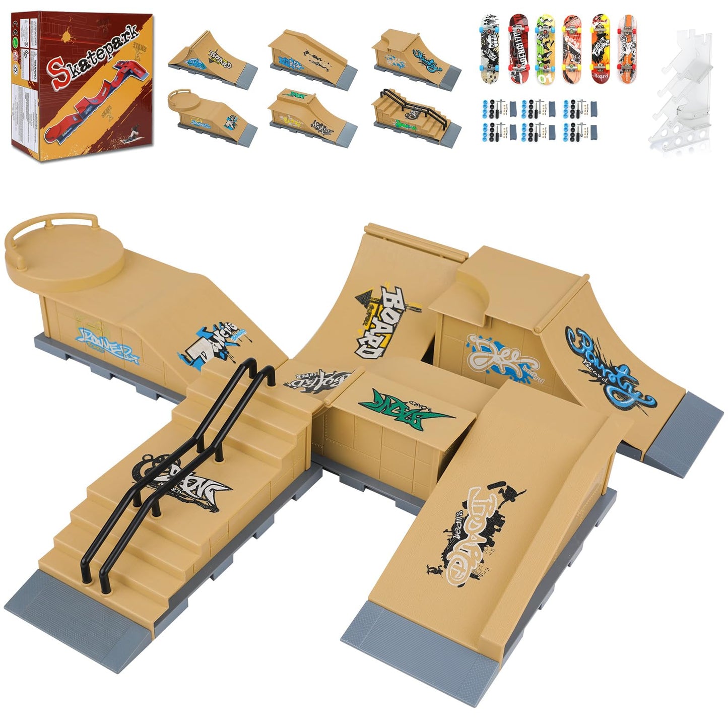 FAYITING Finger Skateboard Park Ramp Set, 6 in 1 Mini Finger Skatepark for Fingerboards, Finer Skateboard Ramps Toys for Finger