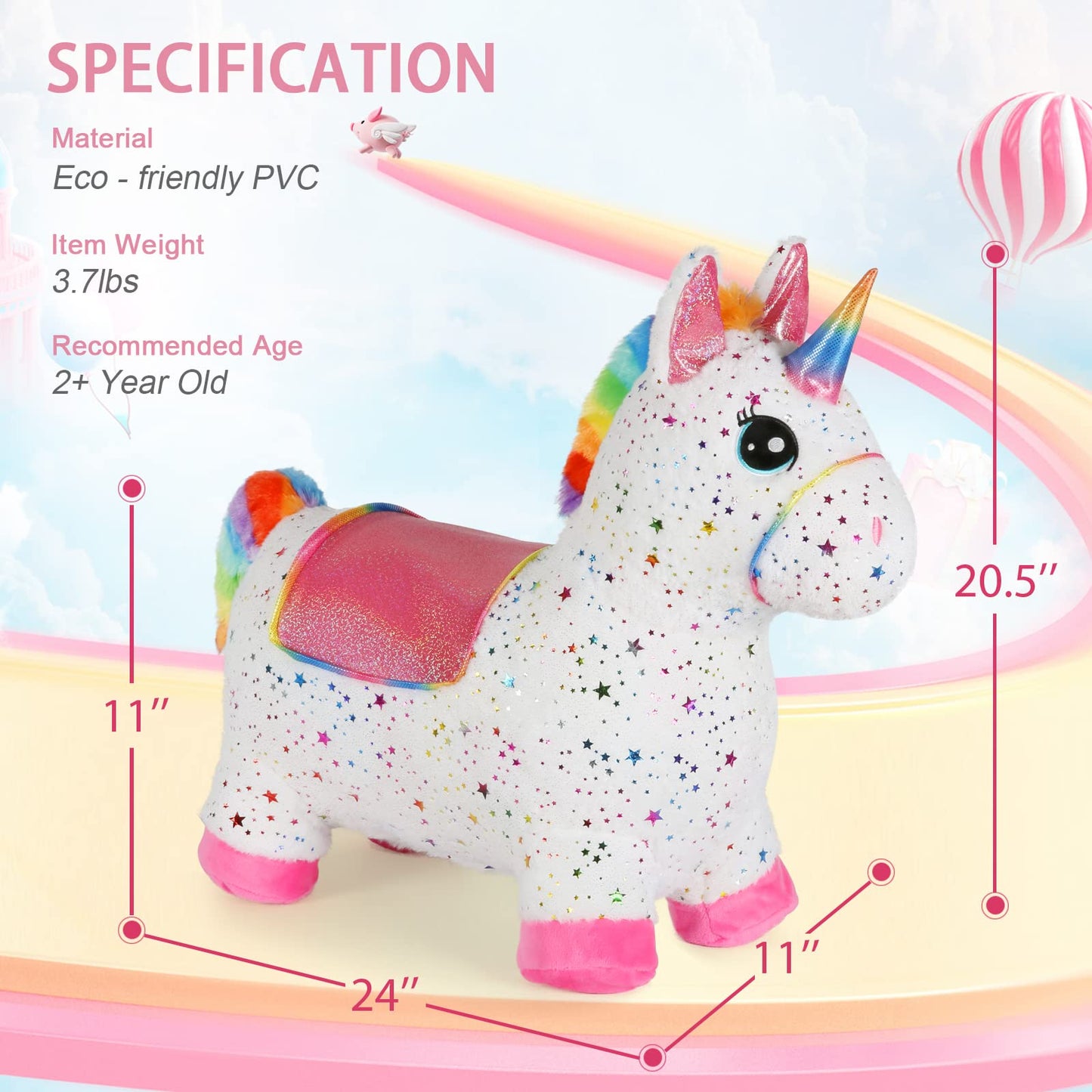 INPANY Unicorn Bouncy Horse Toys  Toddlers Girl Bouncing Animals  Inflatable Ultra Thick Plush Horse Hopper  Baby Ride-on Rubber Bouncer  Outdoor Indoor Cute Birthday Gift for 2 3 4 Year Old Girl Kid