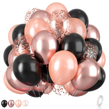 Rose Gold And Black Balloons Set, 12 Inch Metallic Rose Gold Balloons Pearl Rose Gold Confetti Balloons Black Latex Balloons Par