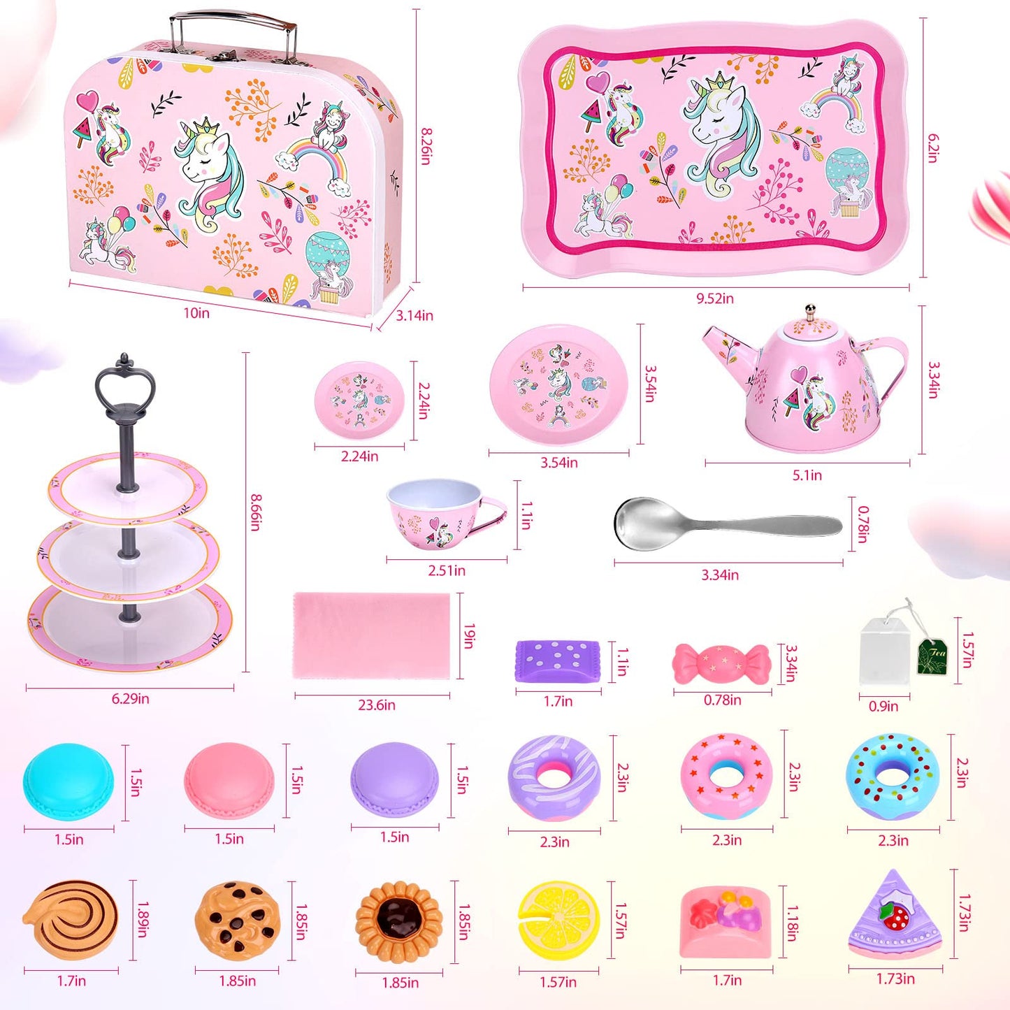 Auney Tea Set Toys for Girls 36pcs, Tin Unicorn Tea Party Set Toy Pretend Play Gifts for Little Girls Age 3-6, Kids Girls Toys G