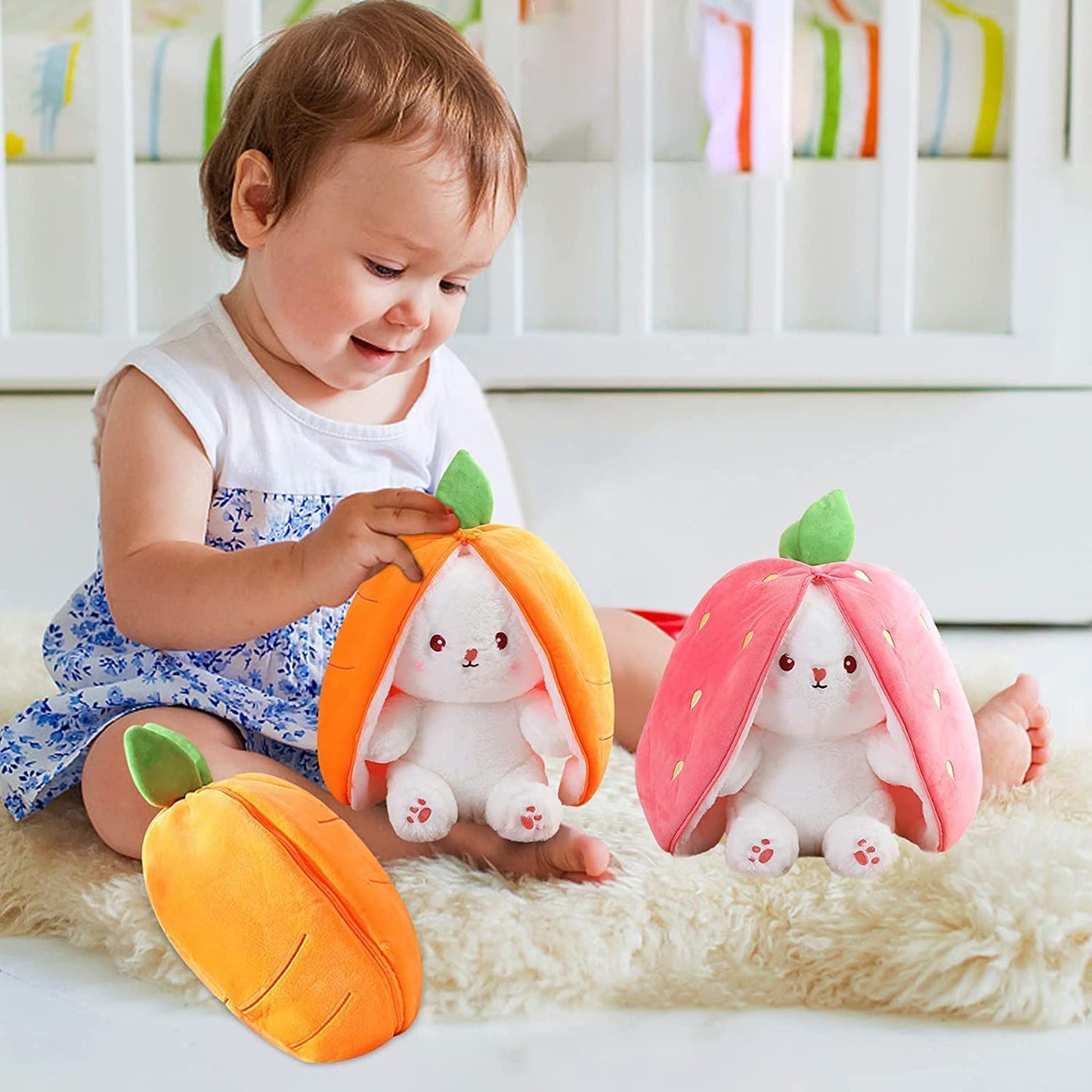 Miaodam Easter Bunny Stuffed Animal, Carrot And Strawberry Bunny Plush Turn Into Rabbit Fruit Doll, Plushie Funny Bunny Toy For Baby (10Inch)