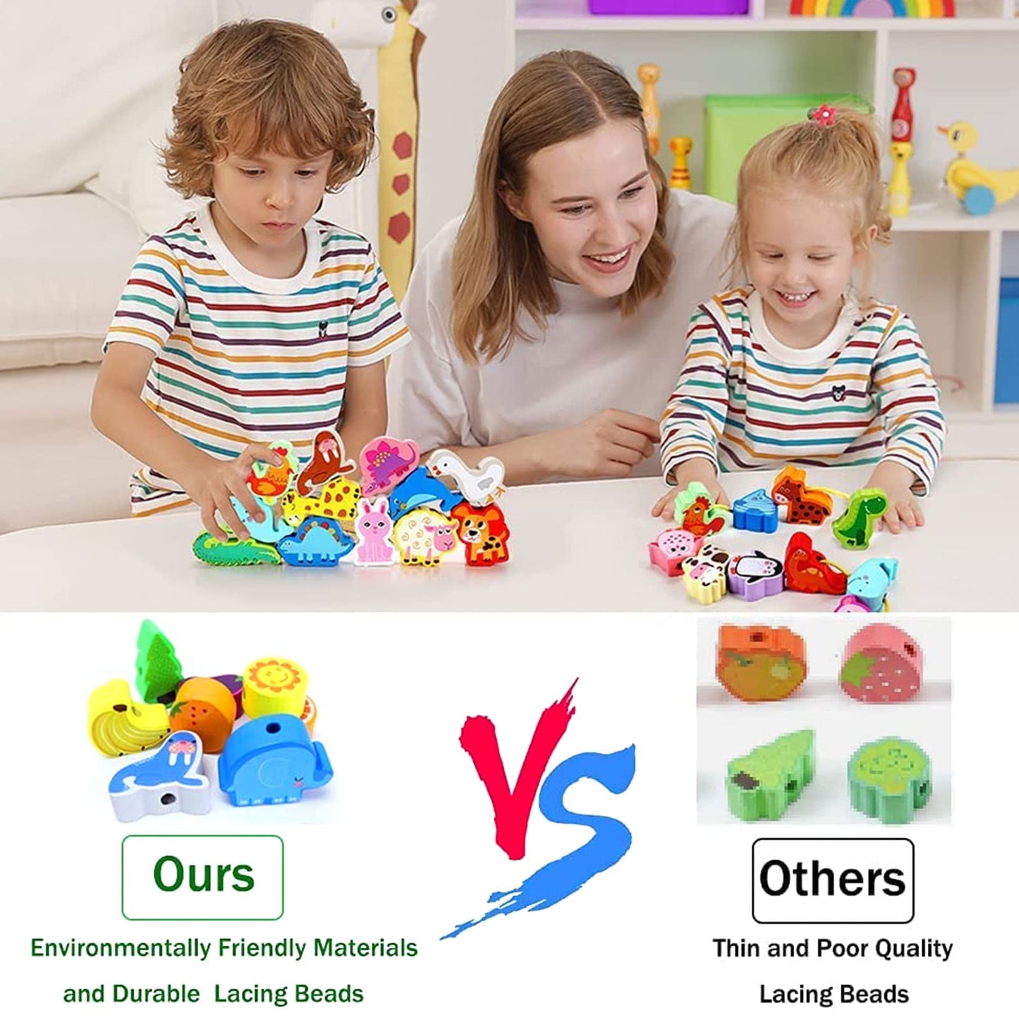 Intsinzi 46 Pcs Montessori Wooden Lacing Beads Toys For Toddlers,Educational Stringing Animals Fruits Farm Threading Beads Preschool Learning Toys For Kids 3 4 5 6 Year Old Boys Girls…