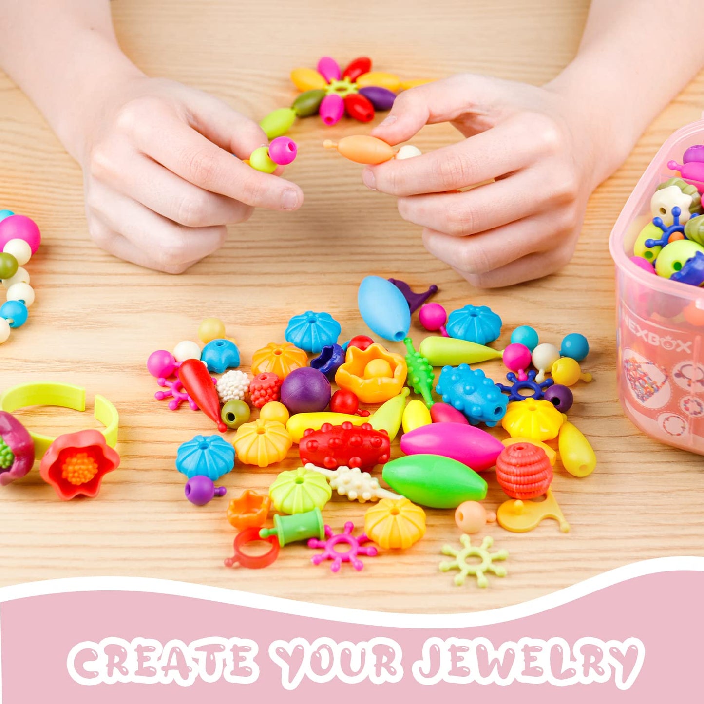NEXBOX Girls Crafts Jewelry Making Kit - Pop Beads Toys Set, Small, Pink, Model 6148 for Kids Age 3-6, Ideal Birthday Gift