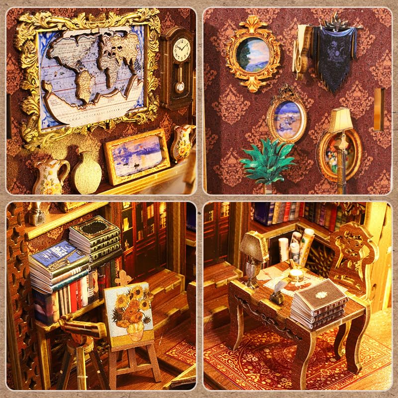 Jioustoy DIY Book Nook Kit for mature-themed  Booknook Dollhouse Miniature Tiny House Kit 3D Wooden Puzzle Bookend with LED for Bookshelf Insert Decor  Creative Gift for Teens and mature-themeds (Library of Books)