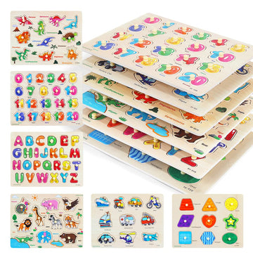 Grinnnie Wooden Peg Puzzle For Toddlers, 6 Pack Toddler Puzzles Set For 3 4 5 Years Old (Alphabet Number Shape Animal Dinosaur Vehicle), Preschool Education Learning Puzzle Toys For Girls And Boys