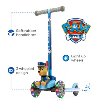 VOYAGER Paw Patrol Chase Kick Scooter - 3 Wheeled Light Up, Anti-Slip Deck, Rear Brake, Lean to Steer, for Kids 3+, 75 LB Limit