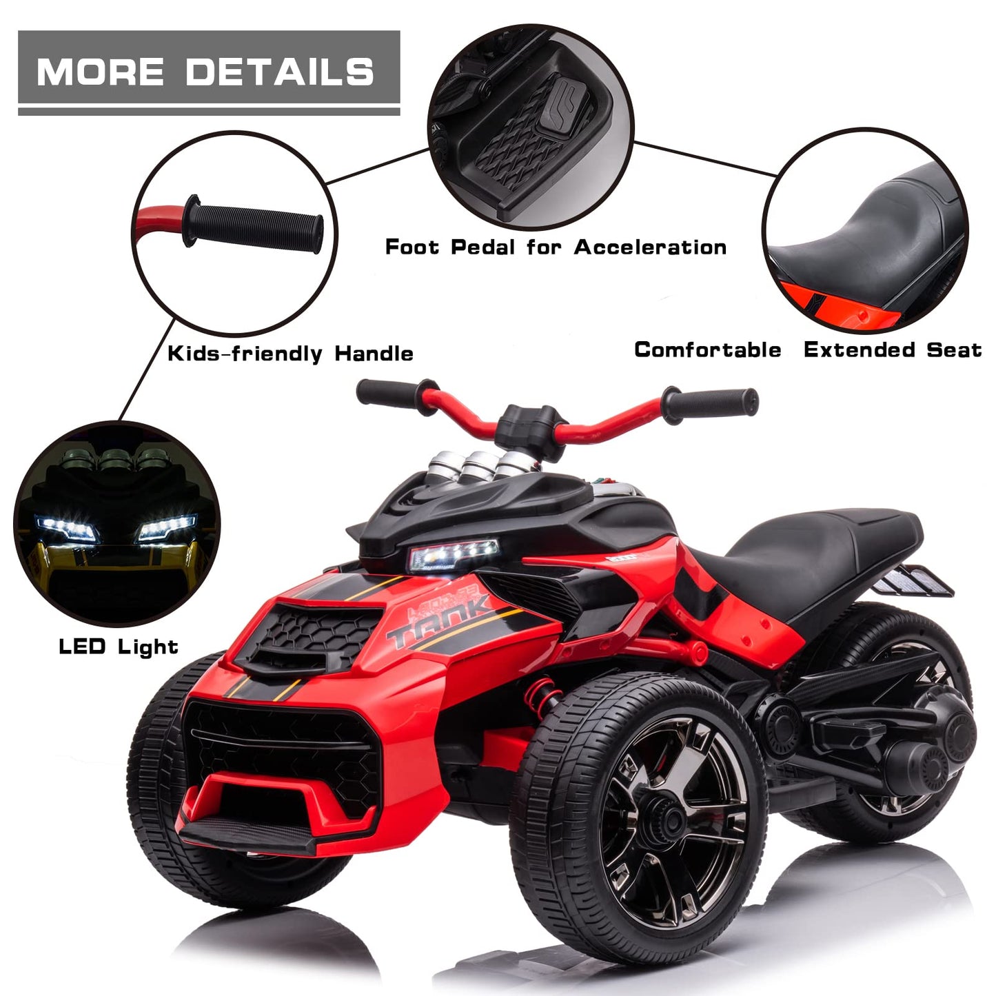 Luibas 24V Kids Ride-On Electric Atv, 3 Wheels, High/Low Speed Modes, Eva Rubber Tires, Bluetooth For Toddlers 3+ Years, Red