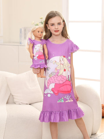 Bow Dream Girl Dress Cute and Matching American Girl Doll Clothes Accessories for Girls Dresses Set Party Birthday Purple Mermai