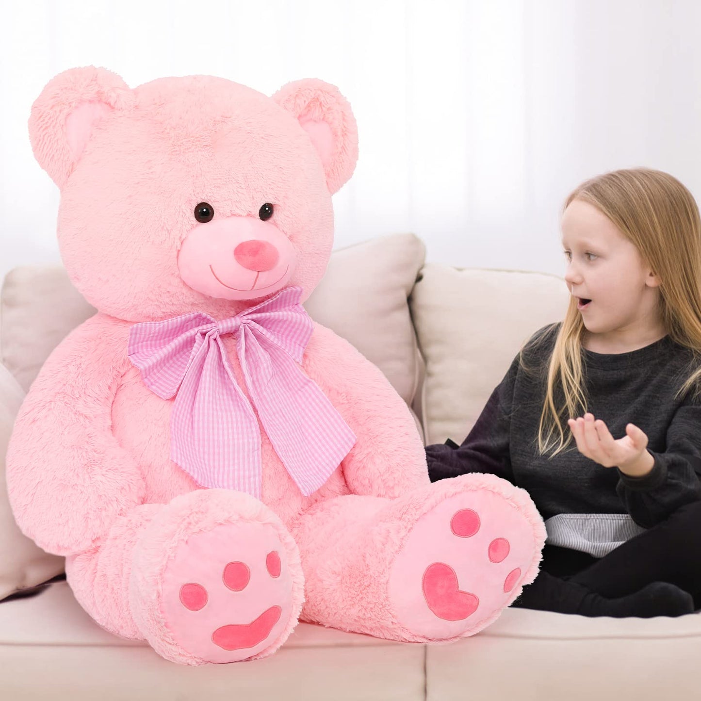 Morismos Giant Big Teddy Bear 4 Feet 47 Inch Life Size Pink Plush Bear With Big Bow And Embroidered Paws, Soft And Cute Teddy Be