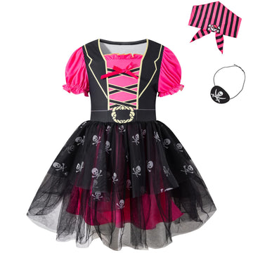 Okbebe Toddler Baby Girl Pirate Costume Halloween Sea Buccaneer Dress And Pirate Eye Mask With Head Scarf (Pink,3T)