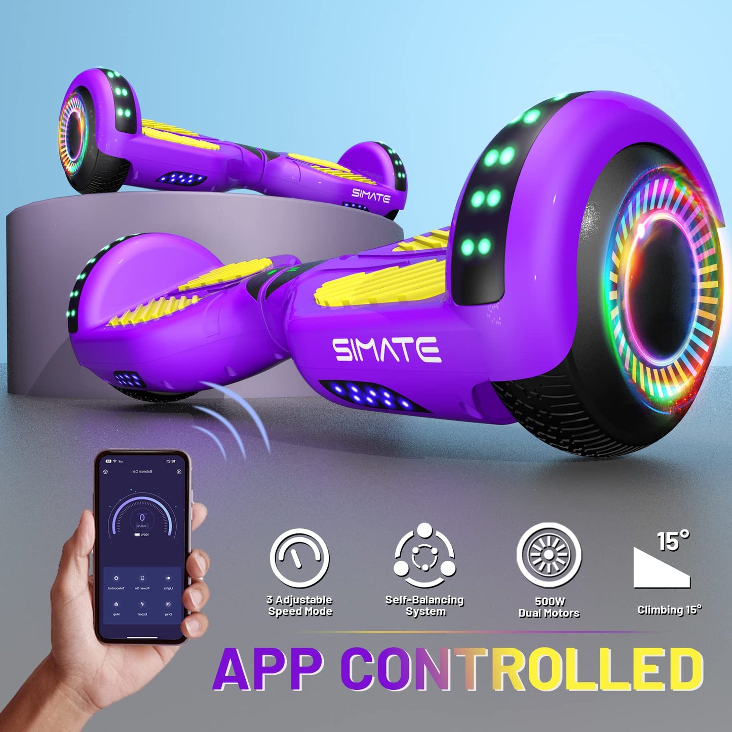 SIMATE 6.5" Self Balancing Scooter - Purple Yellow, Dual 250W Motors, LED Wheels, Bluetooth, P6 Model, 8.5 mph Max Speed, 8.