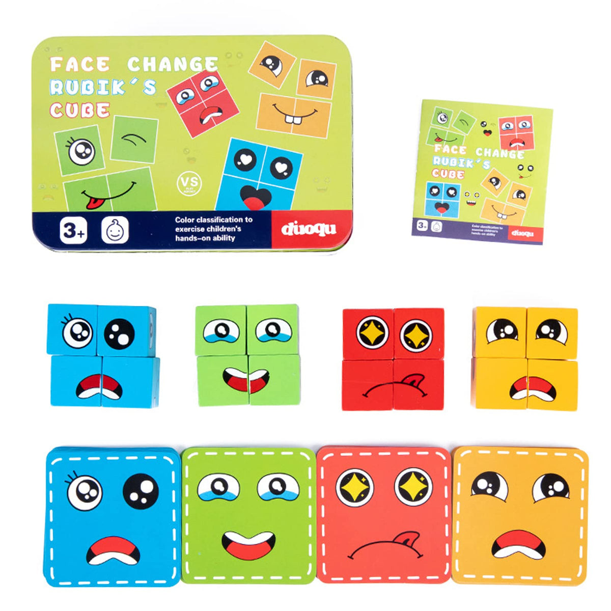 Samip Wooden Face Cube Puzzle for Kids  Fun Emoji Expressions Matching Game with 16 Face Blocks & 72 Playing Cards  for Boys &