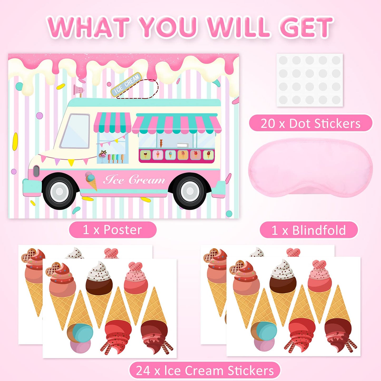 Joarhonal Pin The Ice Cream On The Ice Cream Truck Shop - Ice Cream Party Games For Kids Girls 20'' X 28'' Ice Cream Game Poster