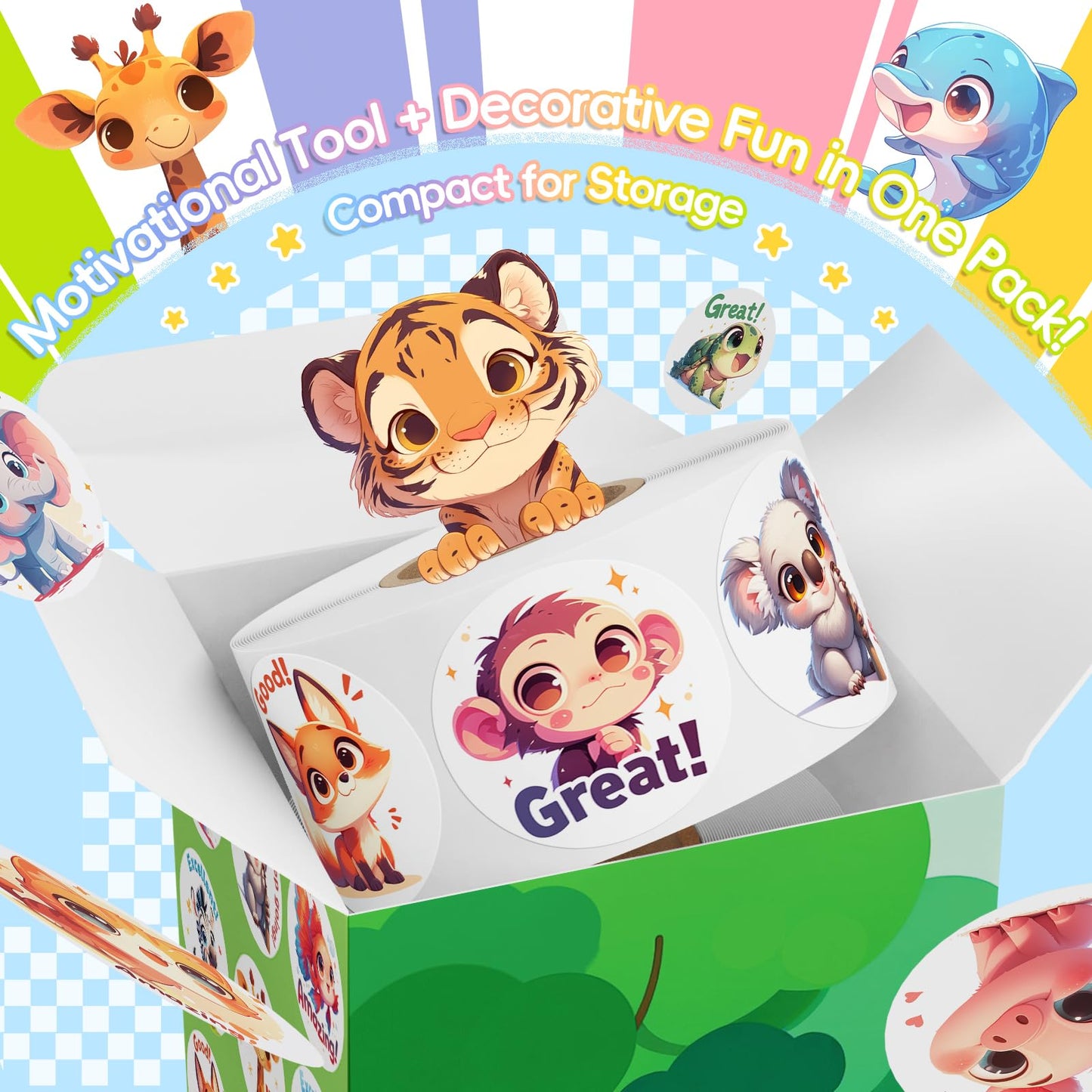 JIXZEN 1.5 Inch Animal Stickers for Kids, 3 Rolls 1500 PCS Cute Stickers for Toddlers 2-4 Years, 24 Designs Farm/Ocean/Wild Moti