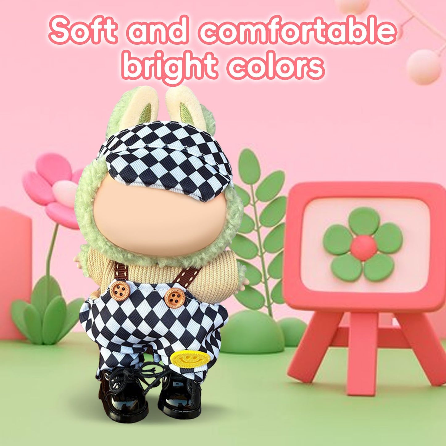 17cm Doll Clothes Labubu Clothes for 6.7inch(17cm) Dolls enhanced Doll Outfit with Hat and Accessories(Clothes Only) (Black White Beige)