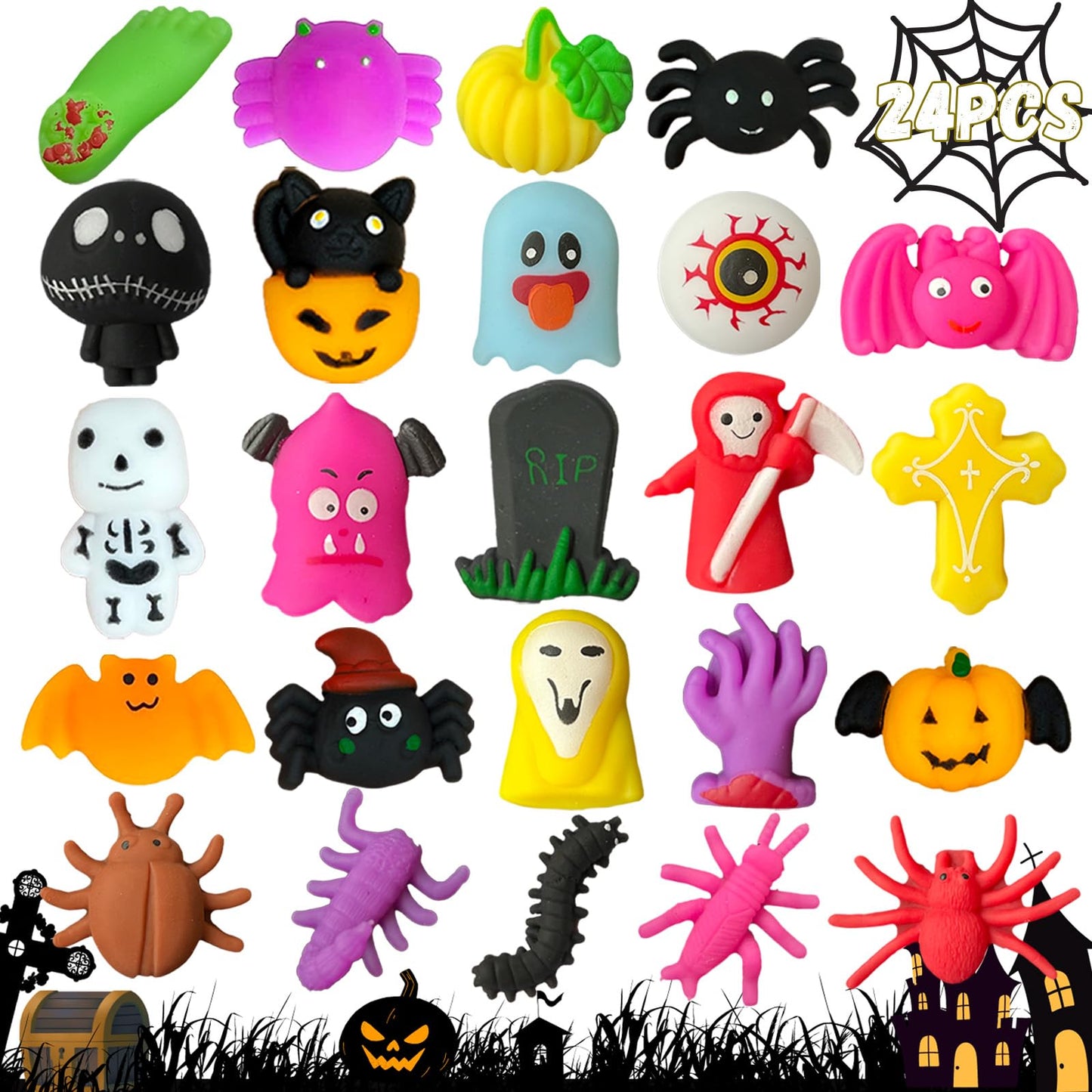 Uusycun 24Pcs Halloween Mochi Squishy Toys For Party Favors, Halloween Pumpkin Squeeze Toys For Kids, Halloween Squishies Toys F