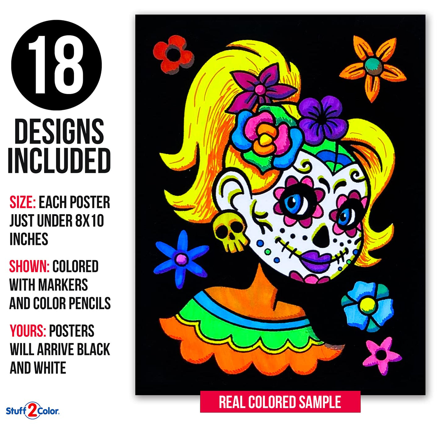 Super Pack of 18 Fuzzy Velvet Coloring Posters (Kids Themed - Day of the Dead) - Halloween and Dia de Los Muertos Coloring Craft
