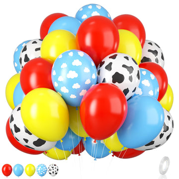 Toy Inspired Story Balloons, 12 Inch Red Blue Yellow Balloons With Cow Print Sky Blue Cloud Balloons For Kids Boys Girls Inspire