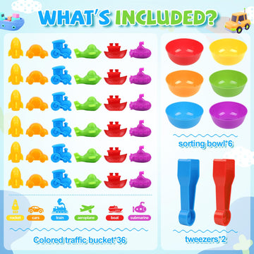 Sorting Colors Counting Toys Matching Game For Kids With Sorting Bowls, Preschool Learning Educational Activities Sensory Montessori Stem Toy Sets Toys For Kids Aged 3+ Years Boys Girls-Transport