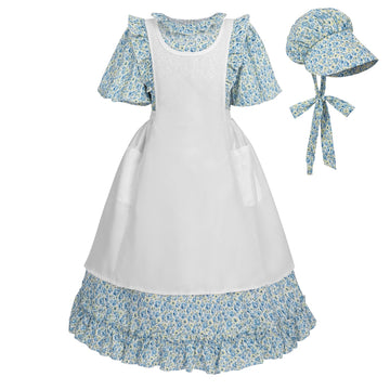 LTAKK Pioneer Dress Girls Colonial Costume Prairie Pilgrim Girl Dresses with Pinafore, Yellow Blue, Medium, age over 4 years old