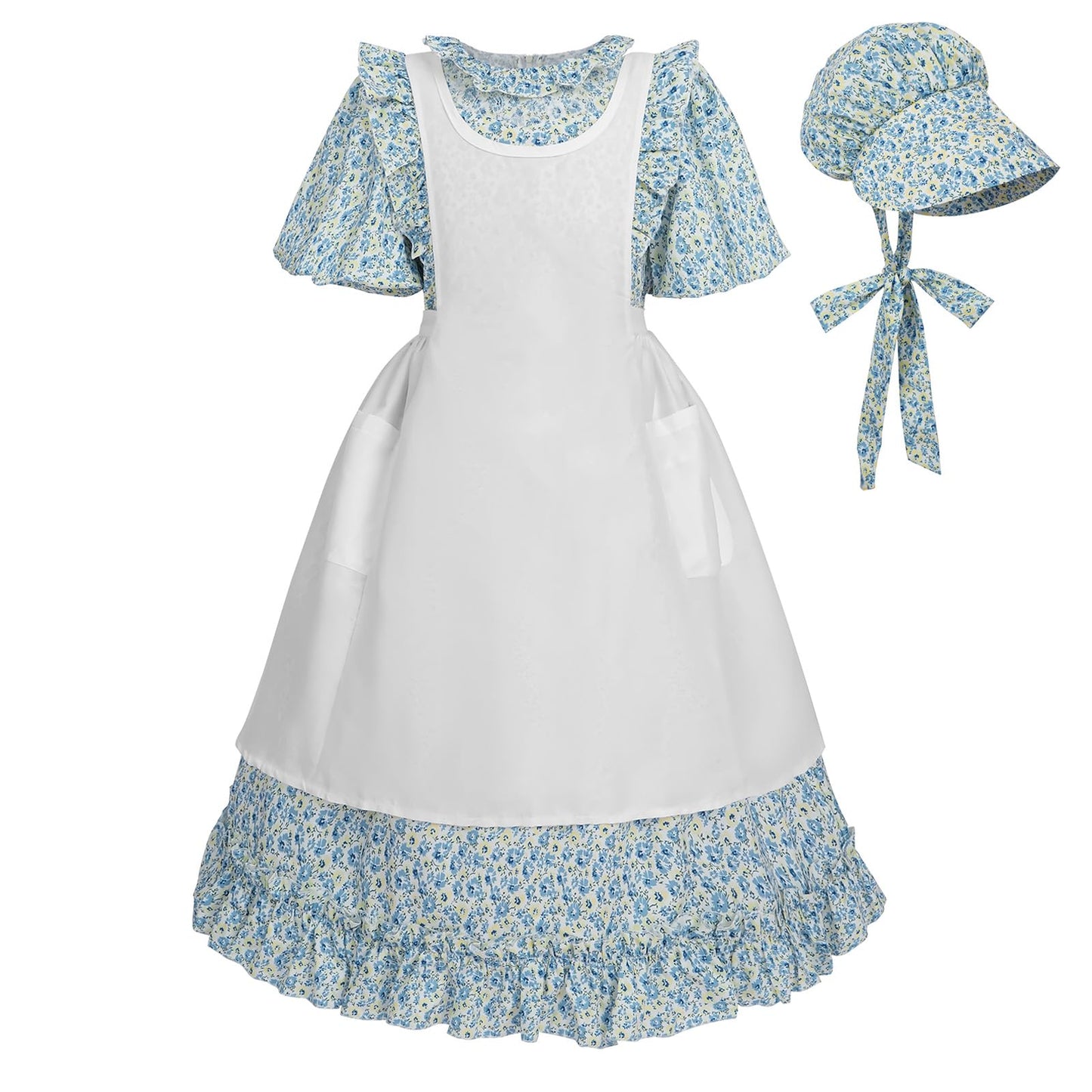 LTAKK Pioneer Dress Girls Colonial Costume Prairie Pilgrim Girl Dresses with Pinafore, Yellow Blue, XL, age over 4 years old