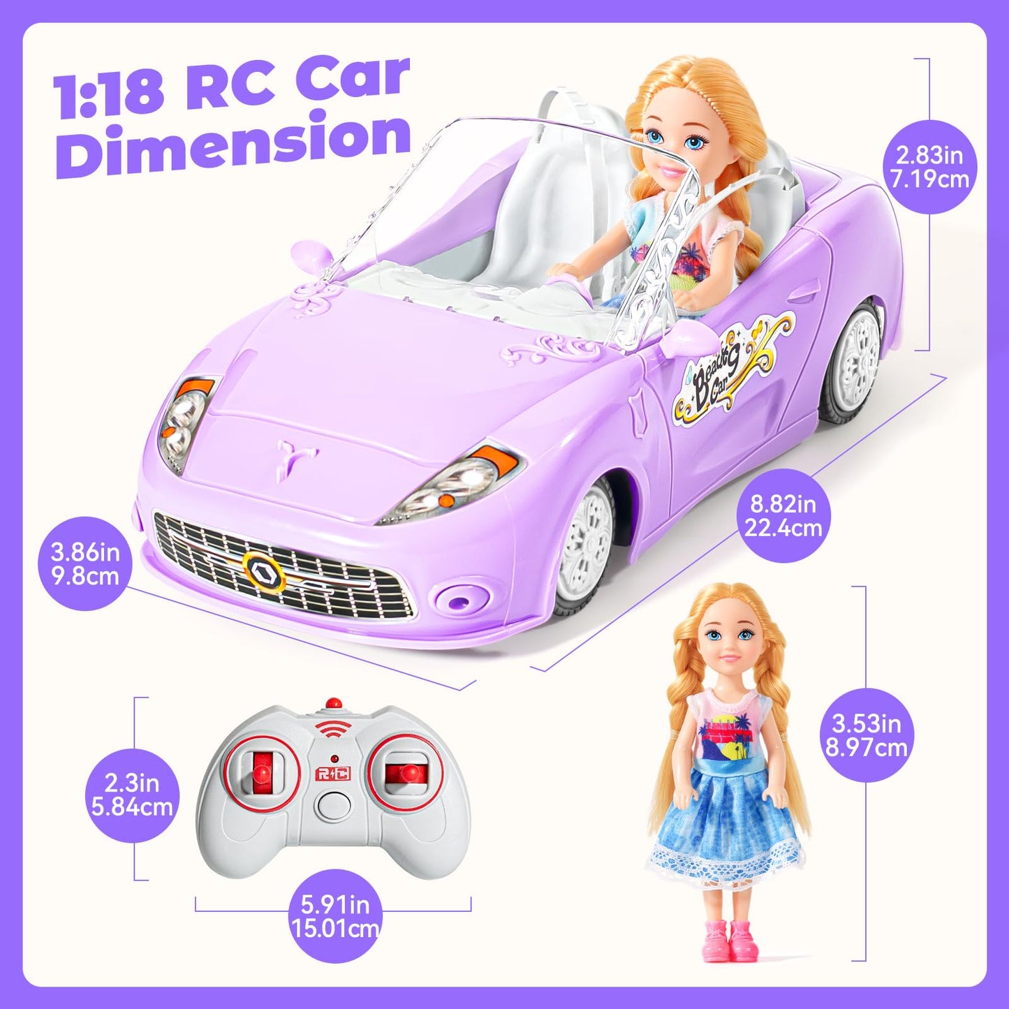 UMONIE Remote Control Car for Girls 4-7, RC Car for Kids with Doll, 100 mins with Rechargeable Battery, 1:18 Scale 2.4Ghz, Birth