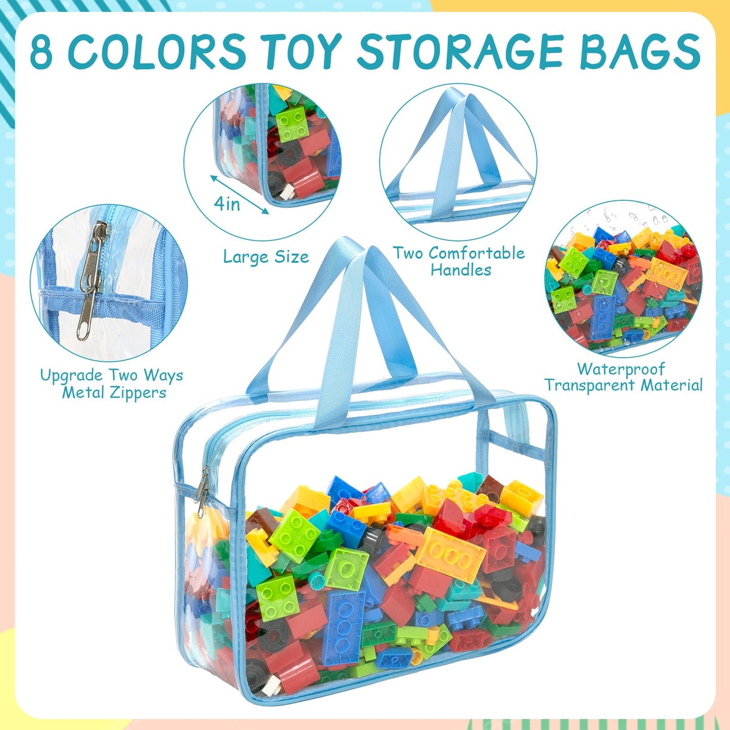 8 Packs 8 Colors Large Toy Storage Bags With Zipper And Labels, Clear Pvc Waterproof Toy Organizers Bags For Board Games, Puzzle