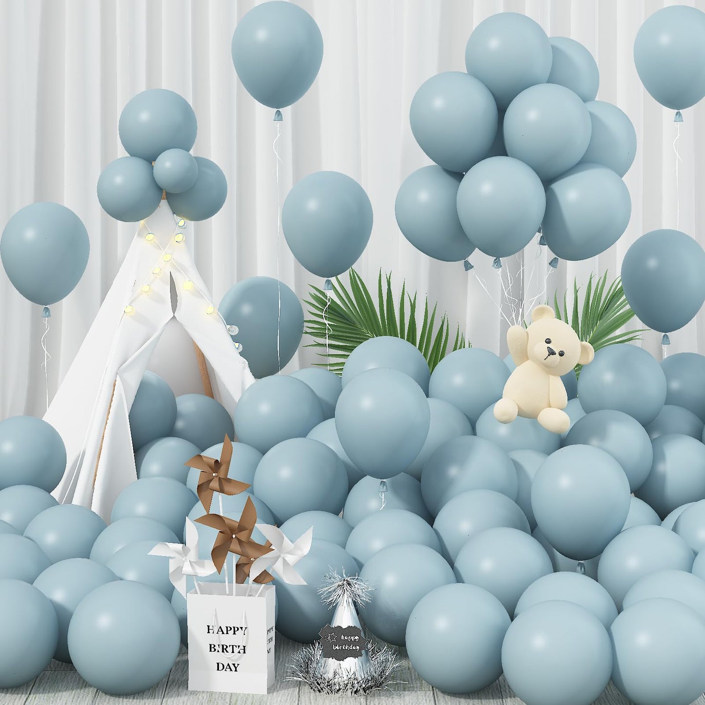 Jobkoo Blue Balloons 12 Inch, 100 Pack Pale Aqua Blue Balloon Muted Dusty Blue Latex Balloons Matte Retro Powder Light Blue Heli