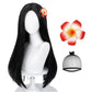 Half and Half Long Straight Black Kids Wig with Flower Clip, 27.6'' Synthetic Hair for Girls Toddler Cosplay & Halloween