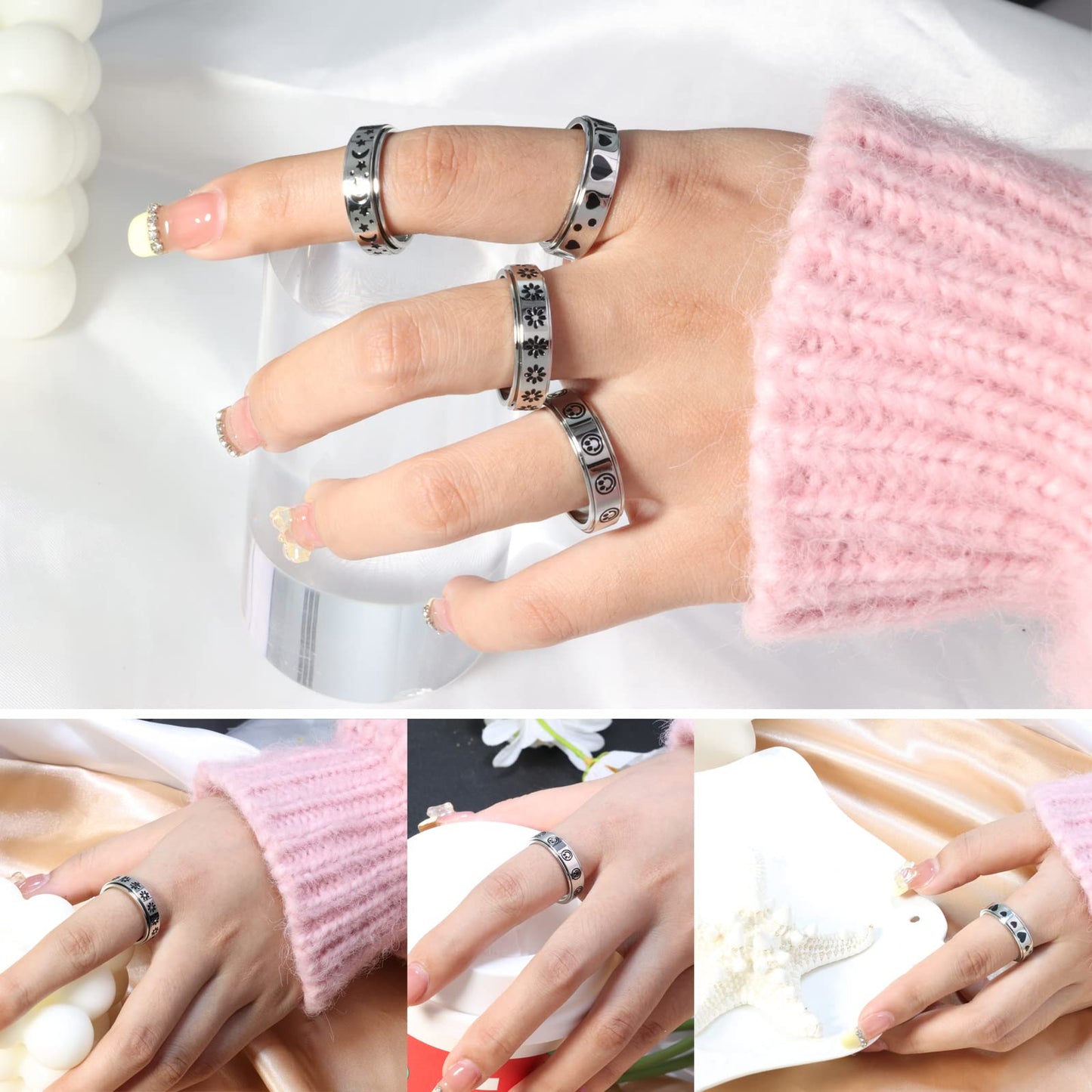 Luckyamor Spinner Ring, Fidget Anxiety Ring Stainless Steel Moon Star Ring For Women Men Size 6-10, 4 Uk, Non-Precious Metal, No