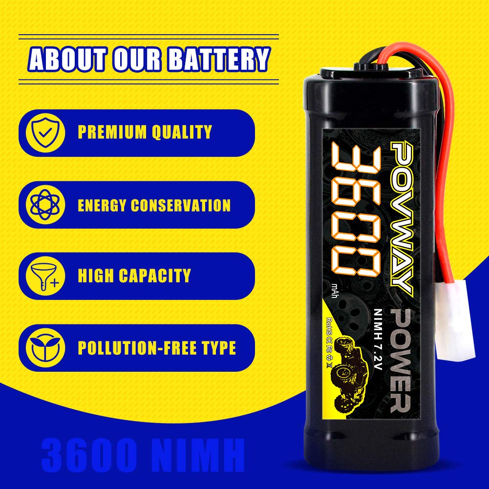 POVWAY 7.2V 3600mAh NiMH RC Battery Packs with Tmiya Connector for RC Car RC Vehicles Traxxas LOSI Associated HPI Kyosho Tamiya