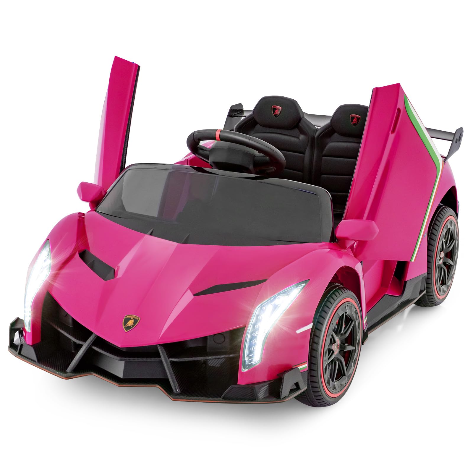 OLAKIDS 2 Seater Kids Ride On Car  12V 4WD Licensed Lamborghini Veneno Electric Vehicle with Remote Control  Toddlers Battery Powered Toy Gift with 2 Speeds  Rocking Mode  Music  USB  MP3 (Pink)