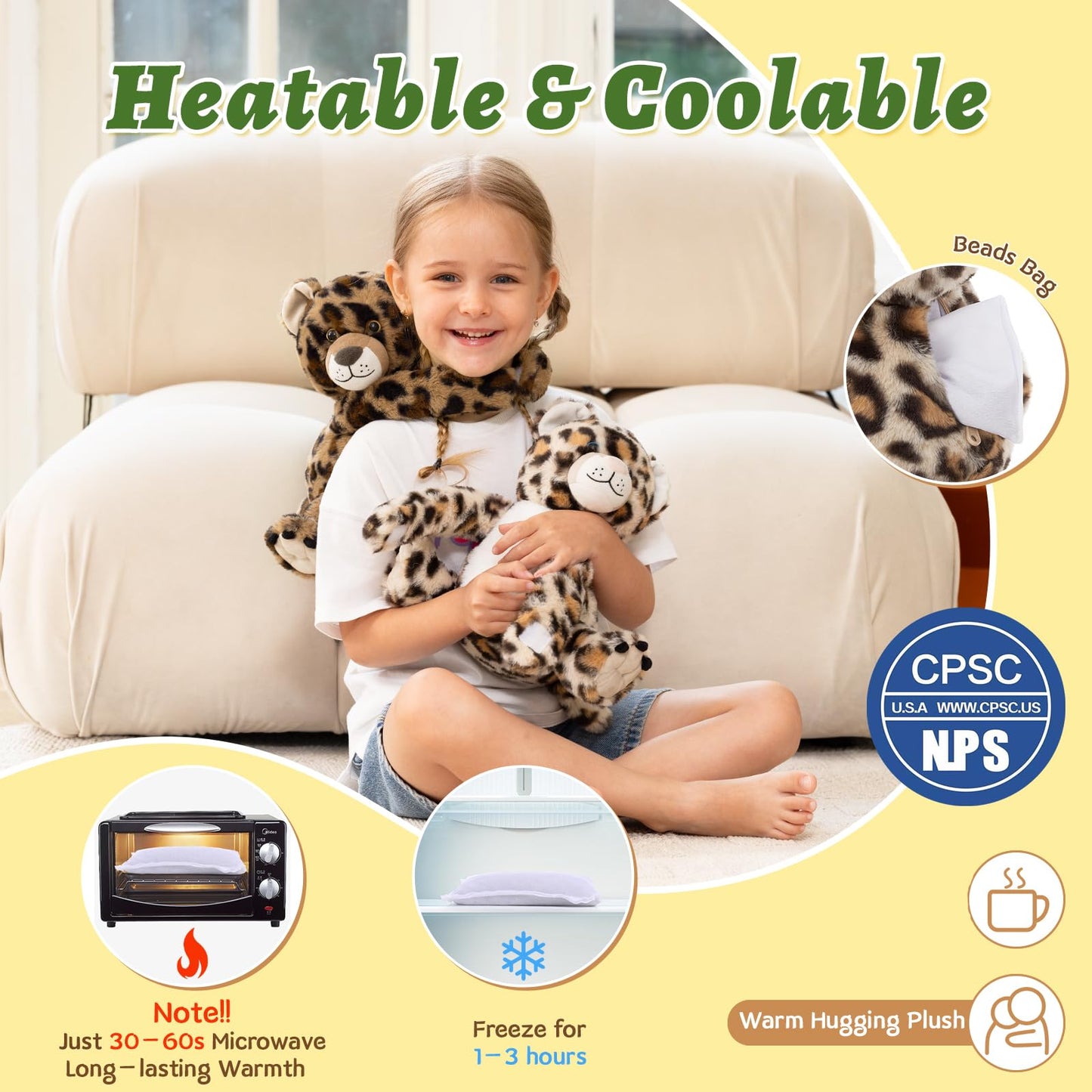 MorisMos Leopard Stuffed Animal Duo  Freezable & Microwavable Cheetah Stuffed Animals  Long-Arms Hugging Leopard Toy  Heating Pad Plush Cheetah Toys for Girl Kid mature-themed Gift/Room Decor
