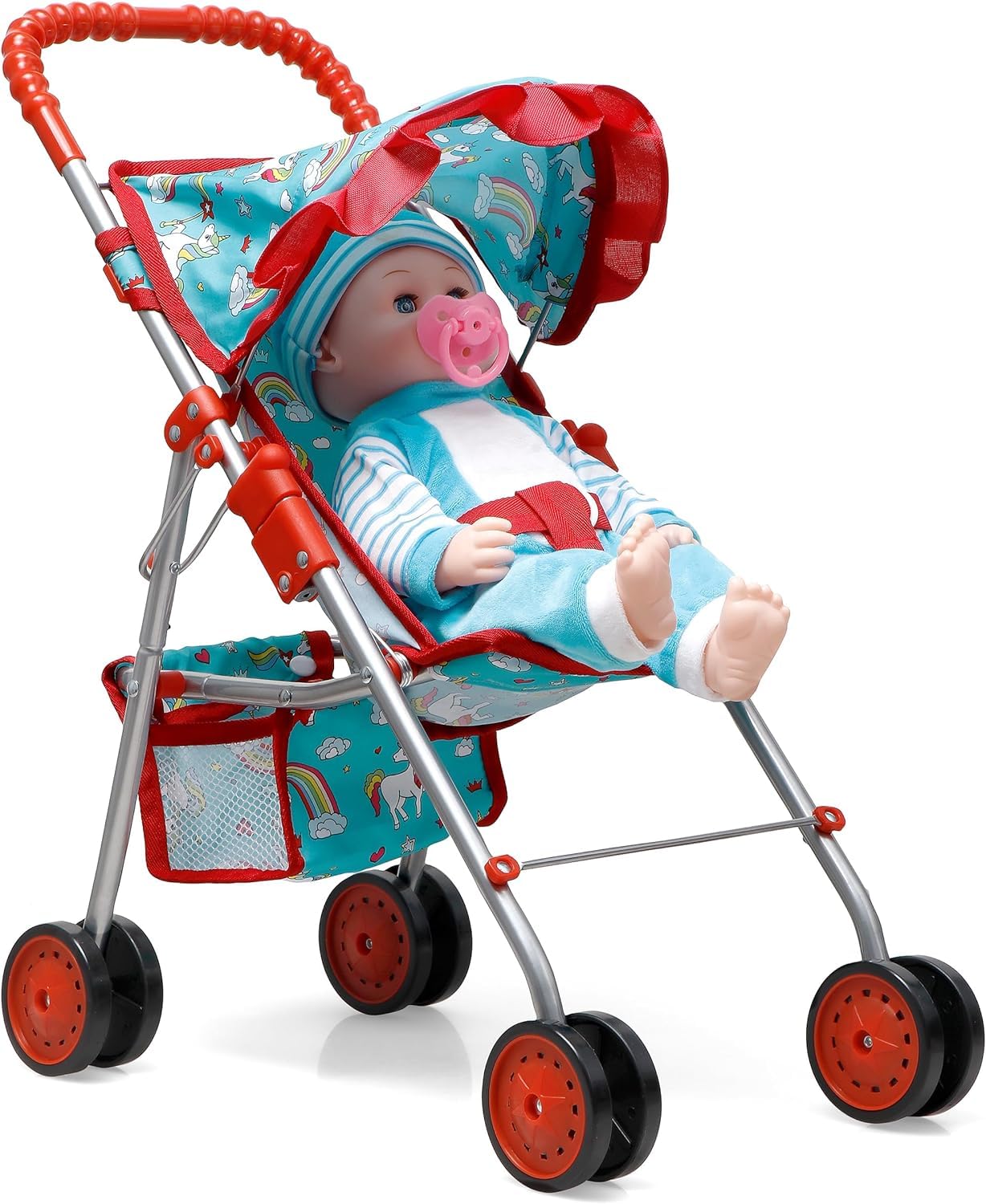 Fash N Kolor® Doll Stroller With Doll Feeding Bottles For Toddlers Boys, Girls, Little Kids - Toy Stroller With Bottom Storage Basket, Foldable Frame, Canopy, Seatbelt, Dolls Gift