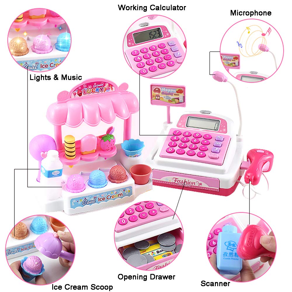 Ice Cream Store Mini Cash Register With Pretend Play Desserts, Working Scanner, Calculator, Microphone, Money And Credit Card