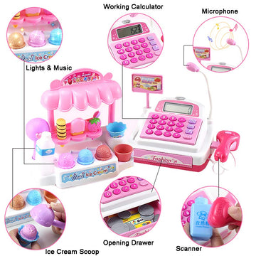 Ice Cream Store Mini Cash Register With Pretend Play Desserts, Working Scanner, Calculator, Microphone, Money And Credit Card