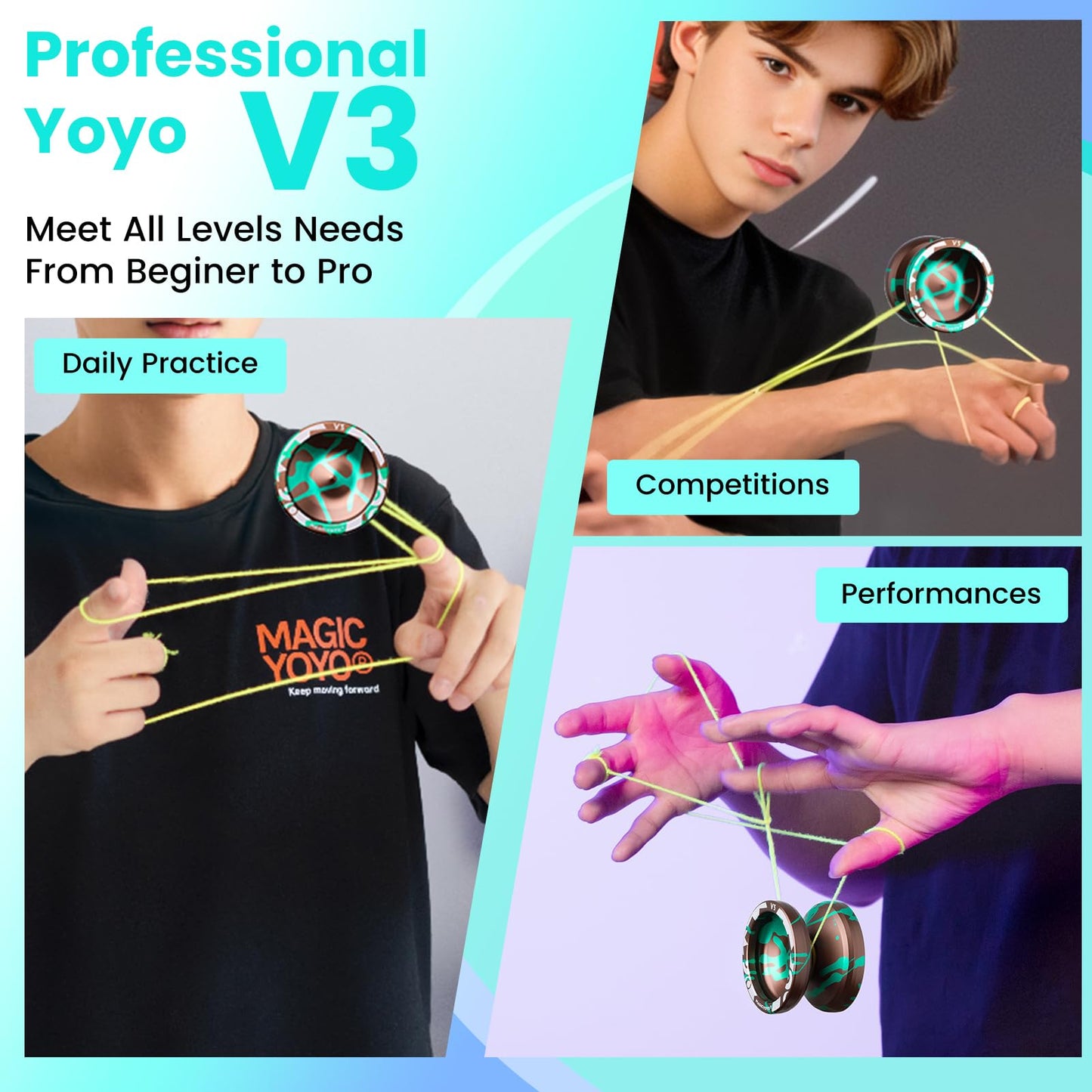 MAGICYOYO V3 Responsive Yoyo Professional Dual Purpose Metal Yoyo for Kids Beginners & mature-themeds  Includes Replacement Bearing  12 Strings  Removal Tool  Axle  & Case (Brown Green)