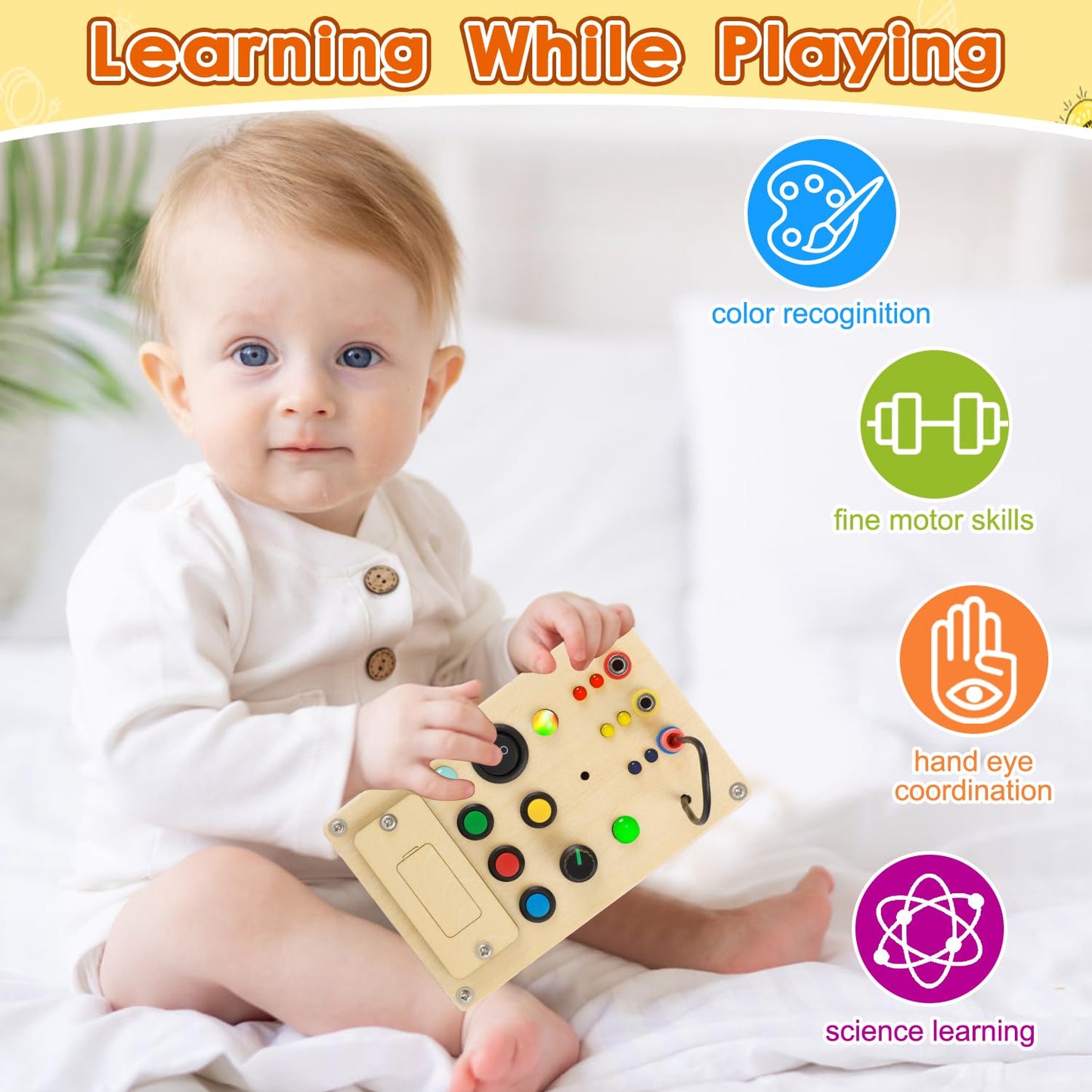 Montessori Busy Board Toddler Toys,Wooden Sensory Toys For Toddlers 1-3 With Led Light Up Buttons Baby Educational Toy Gifts For