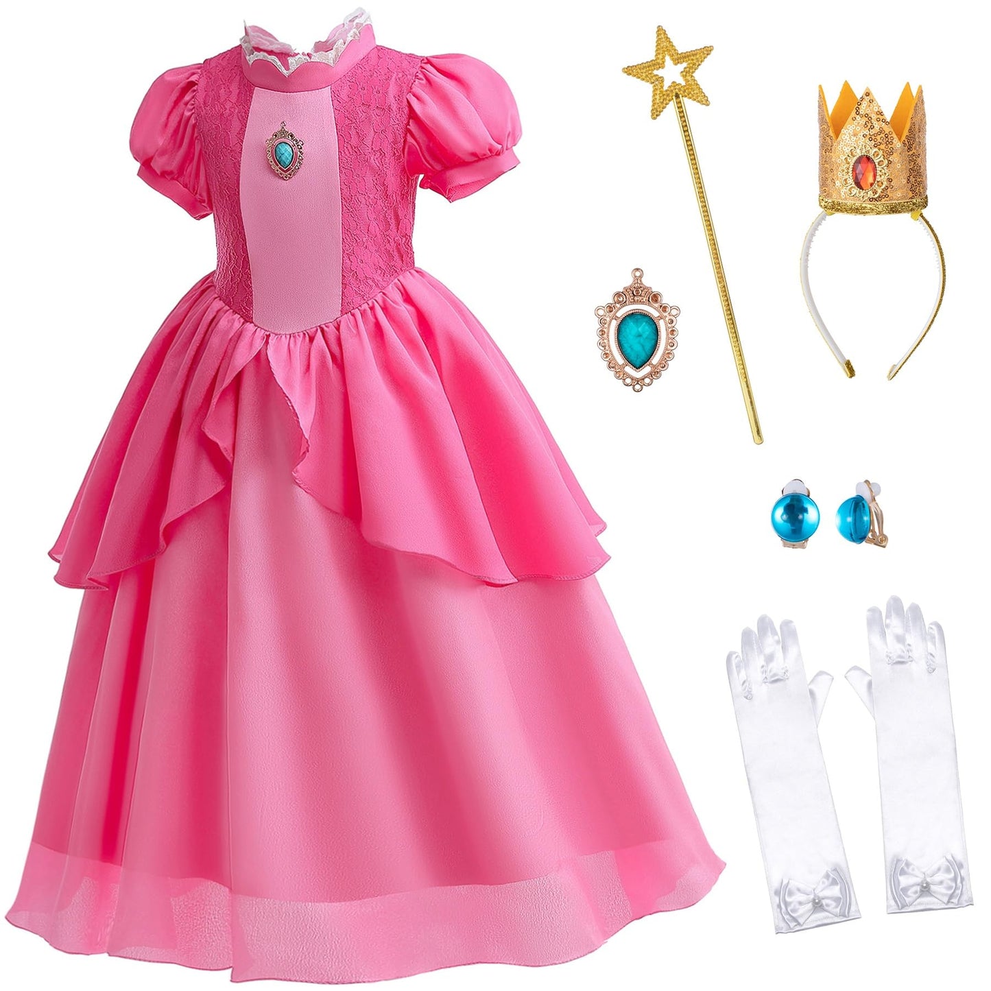 Kids Princess Peach Costume For Girls Dress Up With Crown Gloves Wand Earrings - Princess Peach Dress For Girls 10-11 Years