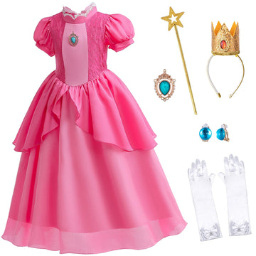 Princess Peach Costume For Little Girl'S Dress Up With Crown Gloves Wand Earrings - Princess Peach Dress For Kids 3T 4T