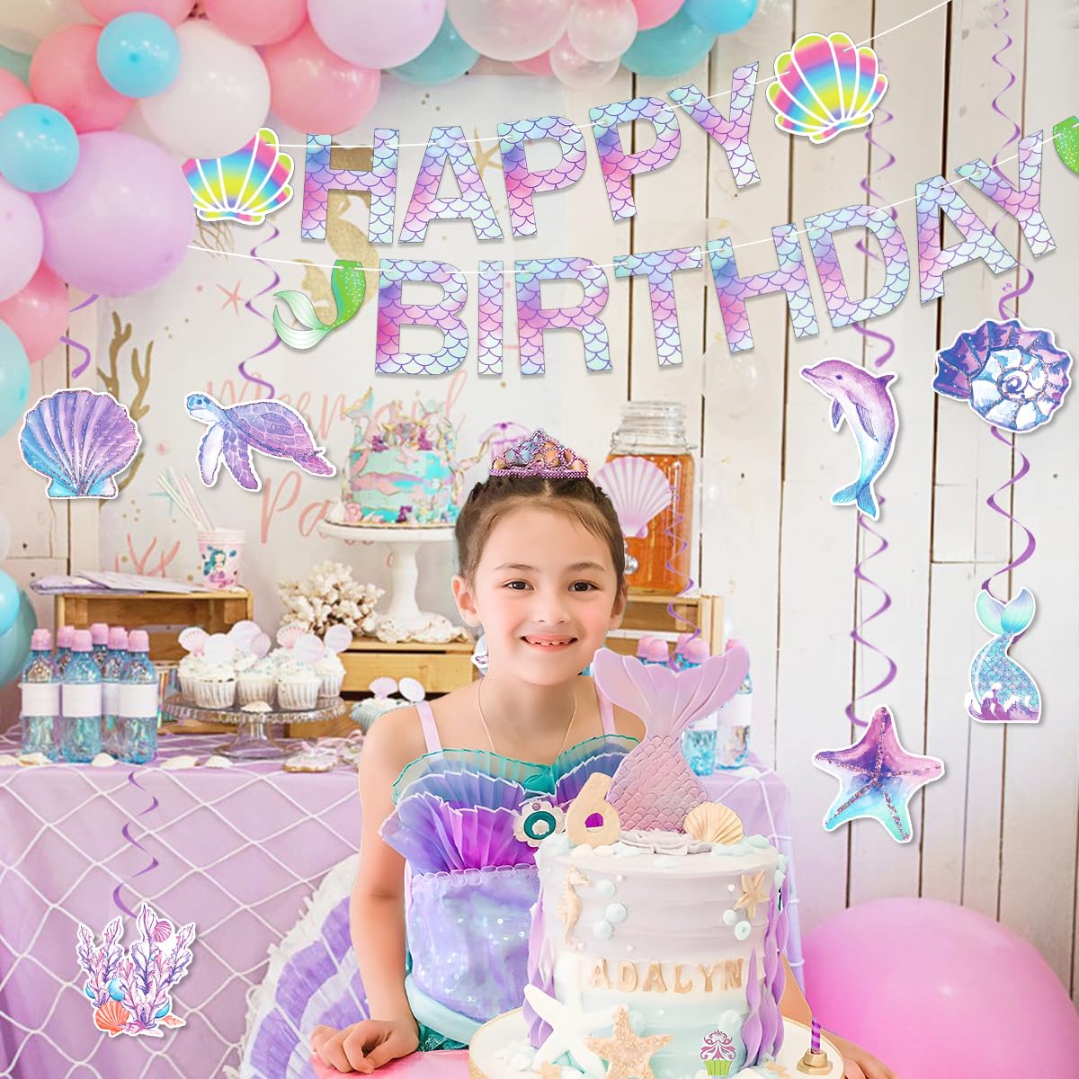 Ipartycool Mermaid Birthday Decorations, Happy Birthday Banner, Happy Birthday Sign Hanging Swirls Birthday Decorations For Wome