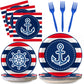 96 Pcs Nautical Anchor Party Supplies Set Anchor Theme Paper Plates Sailor Boat Ship Party Plates Baby Shower Birthday Plates An