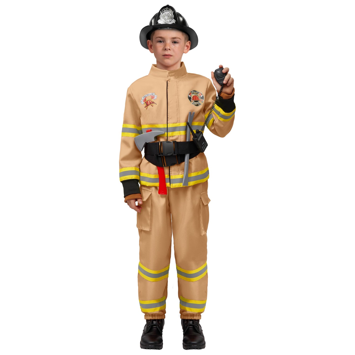 Spooktacular Creations Halloween Firefighter Costume For Kids, Boys Fireman Costume Set, Brown Firefighter Roleplay Accessories For Toddler Dress-Up And Career Cosplay Party (3T, 3-4 Yrs)