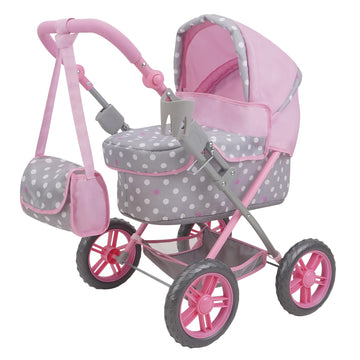 509 Crew: Cotton Candy Pink: Amanda Doll Pram - Pink, Grey, Polka Dot - W/Matching Handbag, Foldable, Removable Bassinet, Kids P
