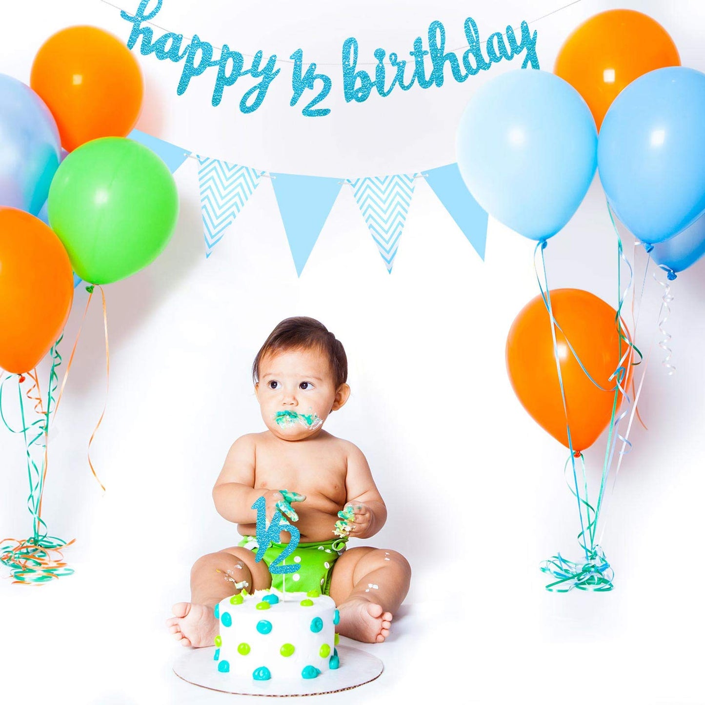 6 Months Banner Happy Birthday Banner Happy 1/2 Birthday Banner Glitter 1/2 Half Year Cake Topper Triangle Flag Banner For Half Year Baby Shower Birthday Party Decoration, Pre-Strung (Blue)