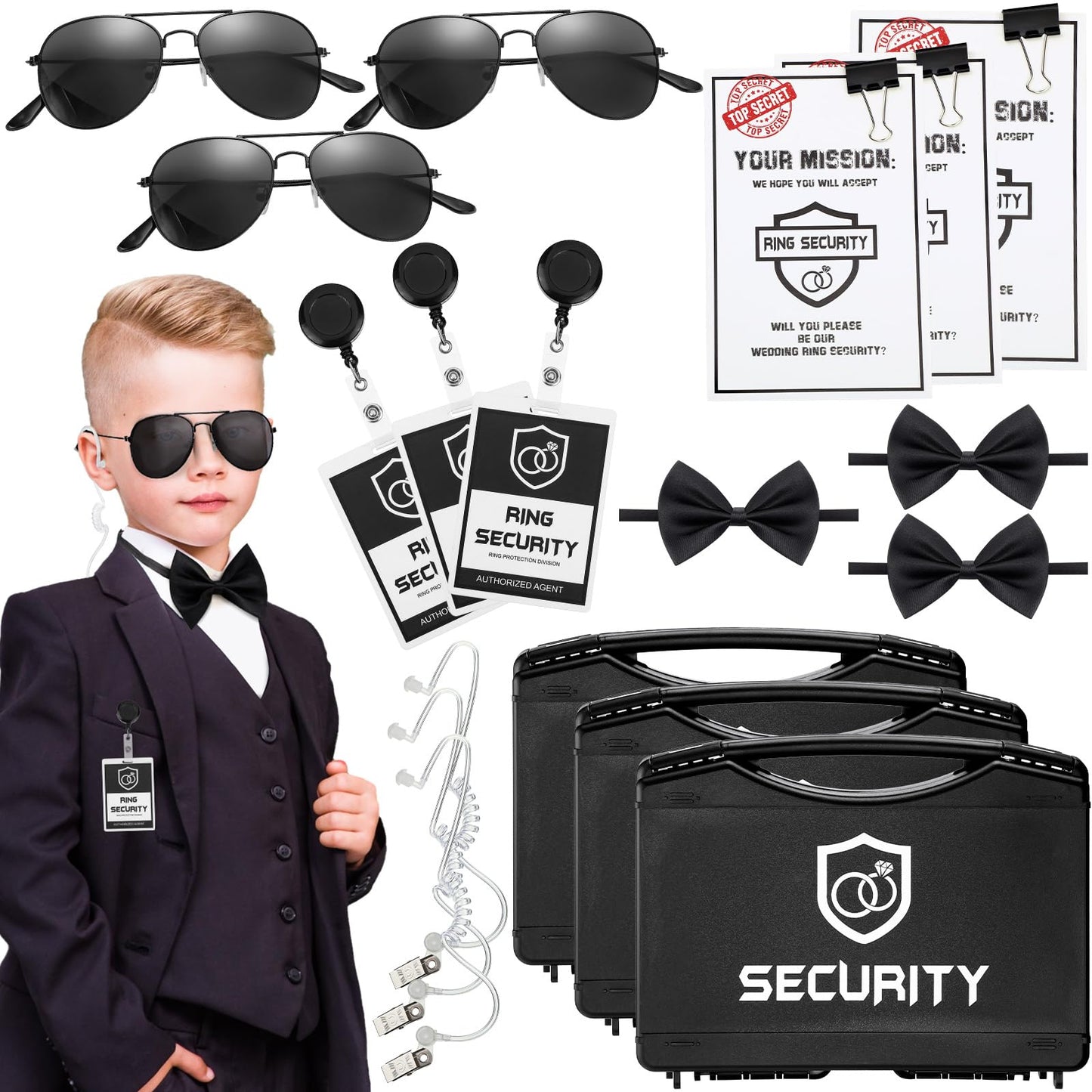 Mepase 21 Pcs Ring Wedding Bearer Security Set Include Ring Bearer Box ID Badge Holder Sunglass Acoustic Earpiece Tube Mission C